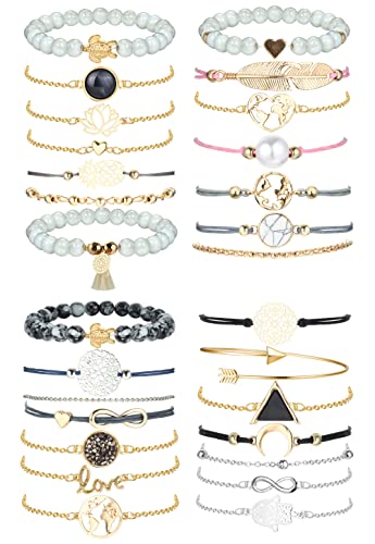 JeweBella 28 Stück Böhmen Armband Set für Damen Mädchen Verstellbare Manschette Mehrschichtige Armband Anhänger Türkis Form Perlen und Quaste Elastisches Geschenk Schmuck von JeweBella