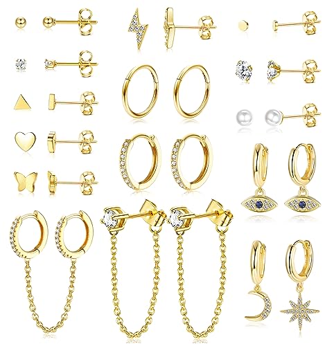 JeweBella 29 Stück Kleine Ohrstecker Damen Set Edelstahl Hypoallergen Mini Creolen Anhänger mit Kette Evil Eye Stern Mond Ohrringe Creolen Set Perlen Zirkon Liebe Ohrstecker Set Gold/Silber von JeweBella