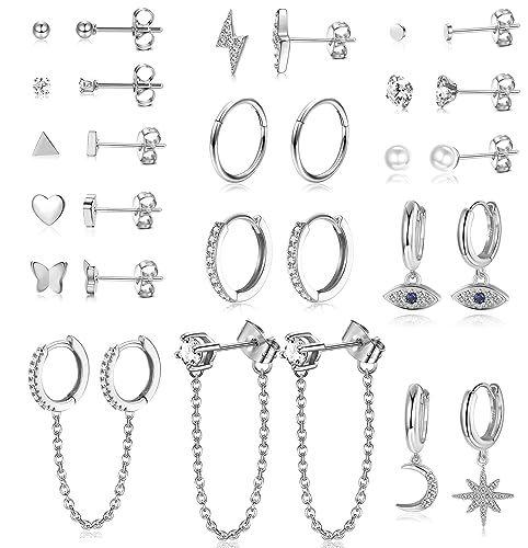 JeweBella 29 Stück Kleine Ohrstecker Damen Set Edelstahl Hypoallergen Mini Creolen Anhänger mit Kette Evil Eye Stern Mond Ohrringe Creolen Set Perlen Zirkon Liebe Ohrstecker Set Gold/Silber von JeweBella