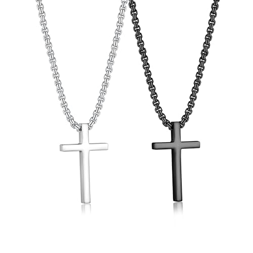 JeweBella 2Pcs Kreuz Kette Herren Damen Edelstahl Kette mit Kreuz Anhänger Halskette Poliert Kruzifix Halskette Silber und Schwarz Kreuz Halskette Set Herren Schmuck Geschenk Kette Länge 41-76CM von JeweBella