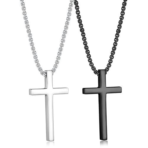 JeweBella 2Pcs Kreuz Kette Herren Damen Edelstahl Kette mit Kreuz Anhänger Halskette Poliert Kruzifix Halskette Silber und Schwarz Kreuz Halskette Set Herren Schmuck Geschenk Kette Länge 41-76CM von JeweBella