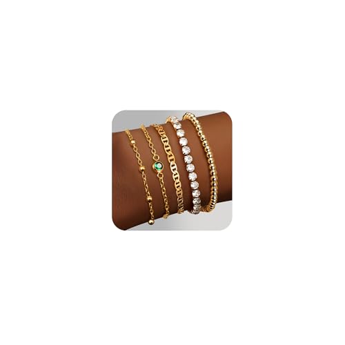 JeweBella 3-7 Stück Armband Damen Gold Edelstahl Ketten Armbänder Set 18K Vergoldet Armkette Damen Verstellbar Twist Schlange Figaro Tennis Charm Armband Set Wasserfester Gold Schmuck für Damen Frauen von JeweBella