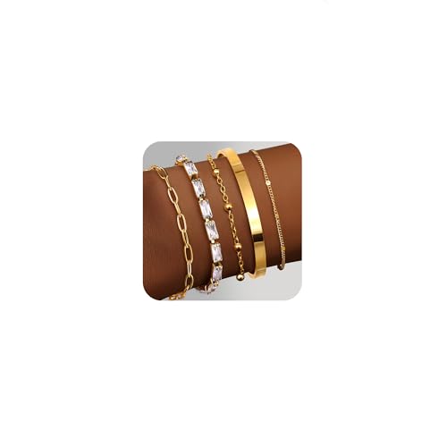 JeweBella 3-7 Stück Armband Damen Gold Edelstahl Ketten Armbänder Set 18K Vergoldet Armkette Damen Verstellbar Twist Schlange Figaro Tennis Charm Armband Set Wasserfester Gold Schmuck für Damen Frauen von JeweBella