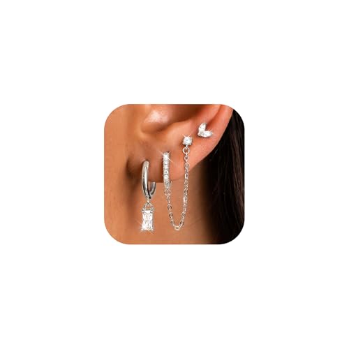 JeweBella 3 Paar Ohrringe Gold Set für Damen Hypoallergen 14K Vergoldet Piercing Ohr Medizinische Ohrstecker Kette Creolen Ohrringe mit Anhänger Knorpel Ohrringe Set für Mehrere Ohrlöcher Silber/Gold von JeweBella