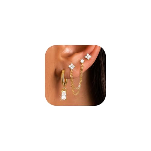 JeweBella 3 Paar Ohrringe Gold Set für Damen Hypoallergen 14K Vergoldet Piercing Ohr Medizinische Ohrstecker Kette Creolen Ohrringe mit Anhänger Knorpel Ohrringe Set für Mehrere Ohrlöcher Silber/Gold von JeweBella