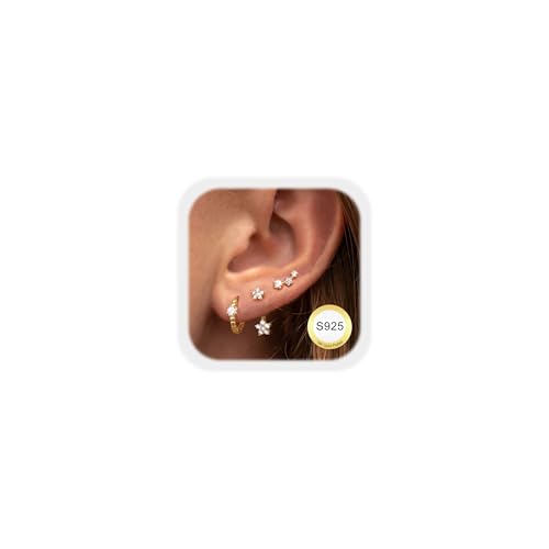 JeweBella 3 Paar Ohrringe Silber 925 Set für Damen Hypoallergen 14K Vergoldet Kleine Ohrstecker Silber 925 Creolen Stapelbar Zirkonia FlatBack Ohrstecker Knorpel Ohrringe Set für Mehrere Piercings von JeweBella