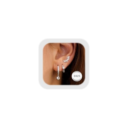 JeweBella 3 Paar Ohrringe Silber 925 Set für Damen Hypoallergen 14K Vergoldet Kleine Ohrstecker Silber 925 Creolen Stapelbar Zirkonia FlatBack Ohrstecker Knorpel Ohrringe Set für Mehrere Piercings von JeweBella