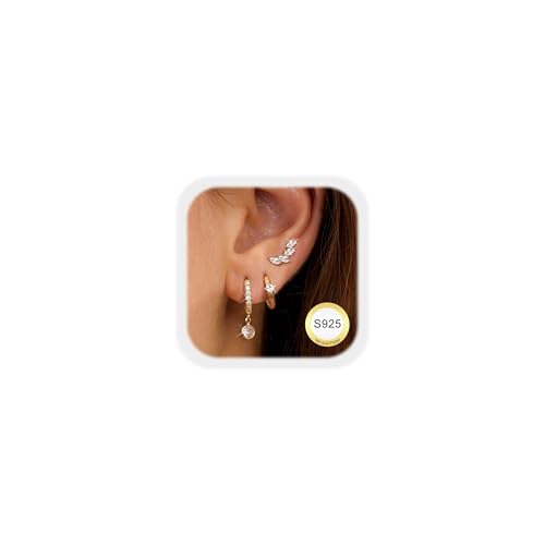 JeweBella 3 Paar Ohrringe Silber 925 Set für Damen Hypoallergen 14K Vergoldet Kleine Ohrstecker Silber 925 Creolen Stapelbar Zirkonia FlatBack Ohrstecker Knorpel Ohrringe Set für Mehrere Piercings von JeweBella