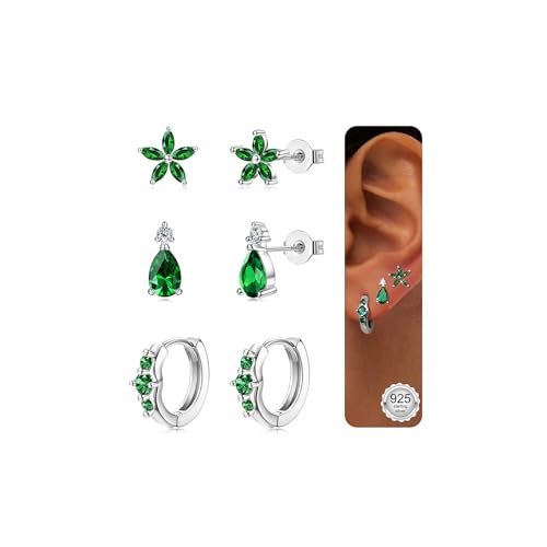 JeweBella 3 Paar Ohrringe Silber/Gold für Damen Mädchen - 14K Gold Set Ohrstecker Creolen 925 Silber Pfosten Earrings Stapelbar für Mehrere Piercings von JeweBella