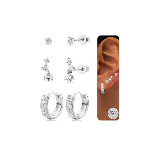 JeweBella 3 Paar Ohrringe Silber/Gold für Damen Mädchen - 14K Gold Set Ohrstecker Creolen 925 Silber Pfosten Earrings Stapelbar für Mehrere Piercings von JeweBella
