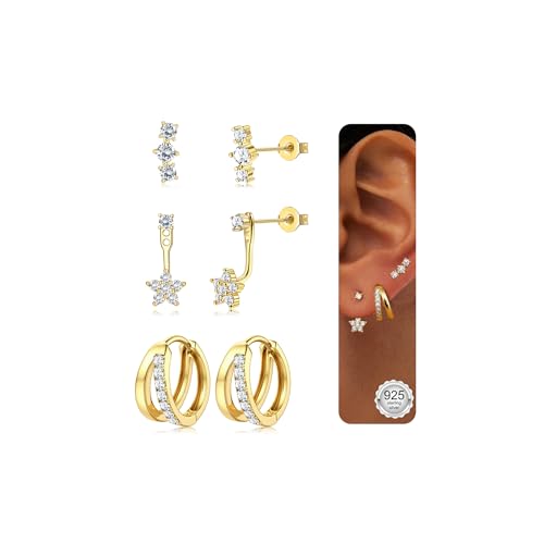 JeweBella 3 Paar Ohrringe - Silber/Gold 14K & 925 für Damen & Mädchen - Ohrstecker, Creolen & Stapelbar für Mehrere Piercings von JeweBella