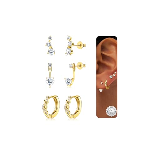 JeweBella 3 Paar Ohrringe - Silber/Gold für Damen & Mädchen - 14K Gold & Silber 925 - Creolen & Ohrstecker - Stapelbar für Mehrere Piercings von JeweBella