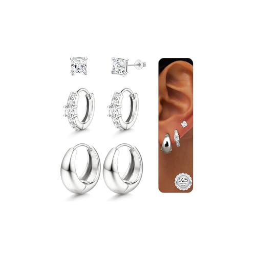 JeweBella 3 Paar Ohrringe Silber/Gold für Damen Mädchen 14K Gold Ohrringe Set Ohrstecker Creolen Silber 925 Pfosten Earrings Stapelbar Ohrringe Gold Silber Creolen Ohrringe Set für Mehrere Piercings von JeweBella