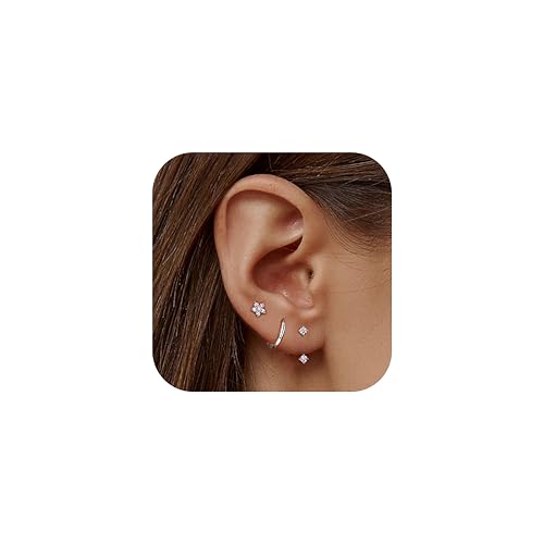 JeweBella 3 Paar Ohrringe Silber 925 Set für Damen 14 Karat Vergoldet Kleine Ohrstecker Stapelbar Zirkonia Creolen für Mehrere Piercings von JeweBella