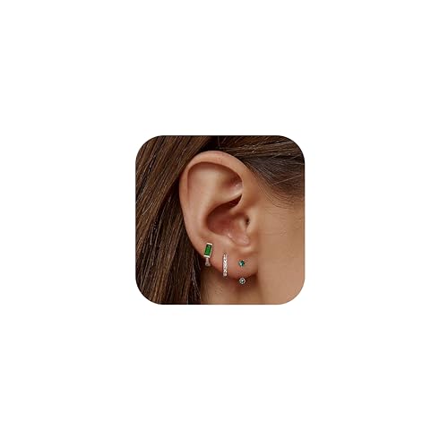 JeweBella 3 Paar Ohrringe Silber 925 Set für Damen - 14 Karat Vergoldet Kleine Ohrstecker Stapelbar Zirkonia Creolen für Mehrere Piercings von JeweBella
