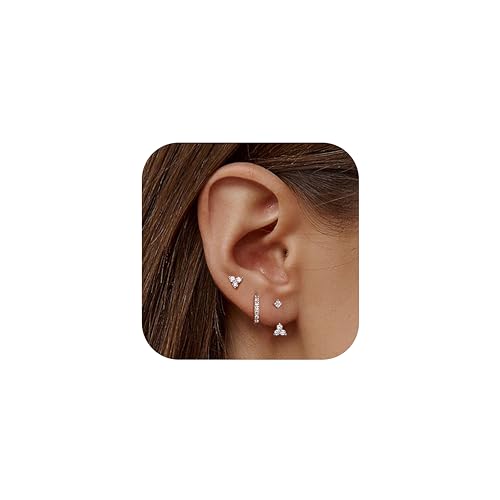 JeweBella 3 Paar Ohrringe Silber 925 für Damen 14 Karat Vergoldet - Kleine Ohrstecker Stapelbar Zirkonia Creolen Set für Mehrere Piercings von JeweBella