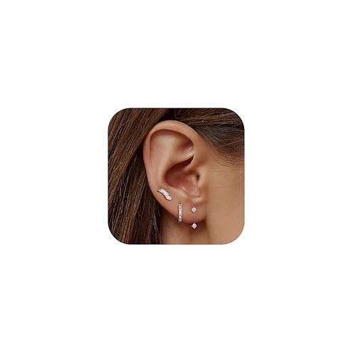JeweBella 3 Paar Ohrringe Silber 925 Set für Damen 14 Karat Vergoldet Kleine Ohrstecker Stapelbar Zirkonia Creolen für Mehrere Piercings von JeweBella
