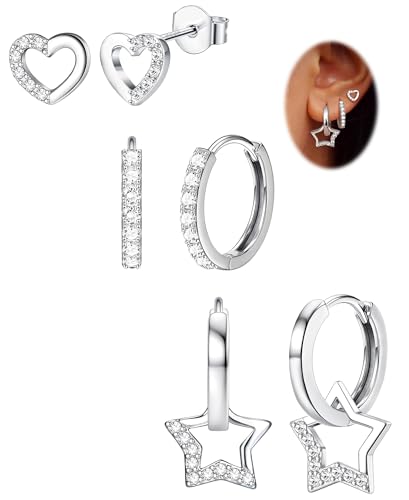 JeweBella 3 Paar Ohrringe Silber 925 Pfosten für Damen Mädchen Ohrringe Set Ohrstecker Creolen Silber Herz Stern Earrings Stapelbar Ohrringe Silber Hängend Kinder Ohrringe Mädchen Rosa/Blau/Lila JeweBella 3 Paar Ohrringe Silber 925 Pfosten für Damen Mädchen Ohrringe Set Ohrstecker Creolen Silber Herz Stern Earrings Stapelbar Ohrringe Silber Hängend Kinder Ohrringe Mädchen Rosa/Blau/Lila von JeweBella