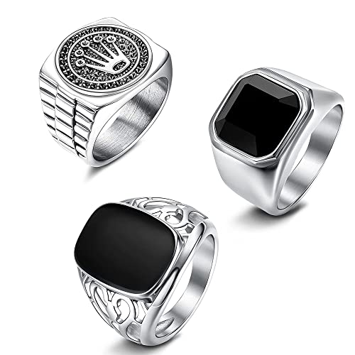 JeweBella 3 Stück Siegelring Herren Edelstahl Vintage Punk Biker Ring Set Gothic Krone Schmuck für Männer Damen Größe 54-70 von JeweBella