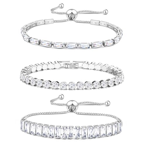 JeweBella 3 Stück Tennis Armband Damen Gold Silber Zirkonia Verstellbarer Armbänder Glitzer Armband Stapel Tennisarmband Set von JeweBella