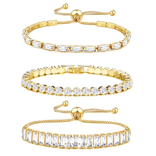 JeweBella 3 Stück Tennis Armband Damen Gold Silber Zirkonia Verstellbarer Armbänder Glitzer Armband Stapel Tennisarmband Set von JeweBella