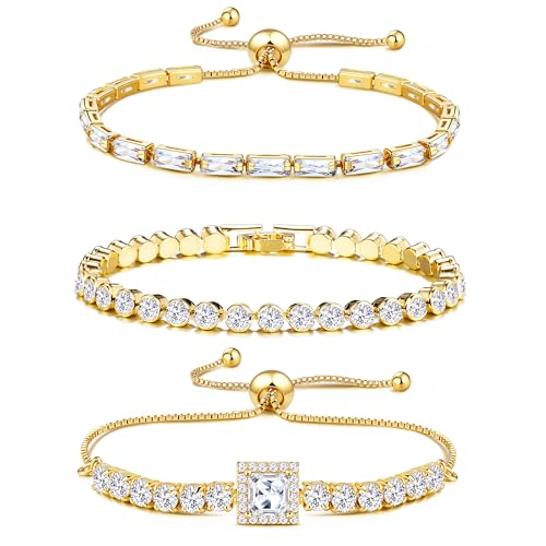 JeweBella 3 Stück Tennis Armband Damen Gold Silber Zirkonia Verstellbarer Armbänder Glitzer Armband Stapel Tennisarmband Set von JeweBella