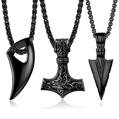 JeweBella 3PCS Wikinger Halskette Herren Thors Hammer Anhänger Edelstahl Mjolnir Wolfszahn Amulett 60cm Kette Silber/Schwarz Nordisch Thors Halskette Wikinger Herren Geschenk Schmuck von JeweBella