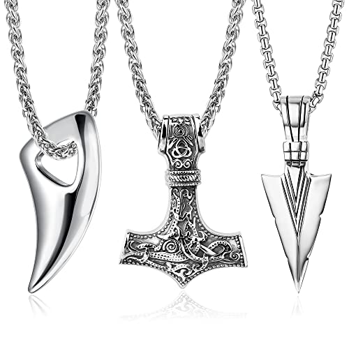 JeweBella 3PCS Wikinger Halskette Herren Thors Hammer Anhänger Edelstahl Mjolnir Wolfszahn Amulett 60cm Kette Silber/Schwarz Nordisch Thors Halskette Wikinger Herren Geschenk Schmuck von JeweBella