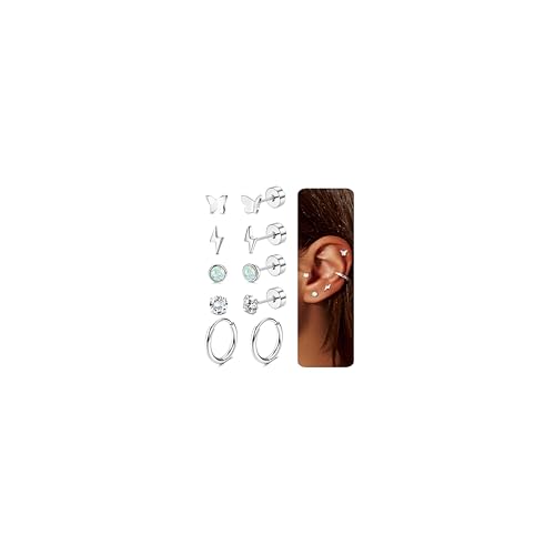 JeweBella 4 Paar G23 Titan Ohrringe für Damen Mädchen Silber Flatback Ohrringe Set Hypoallergener Zirkonia Opal Schmetterling Ohrstecker Piercing Knorpel Ohrringe für Empfindliche Ohren von JeweBella