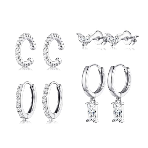 JeweBella 4 Paar Ohrringe Gold Set für Damen Hypoallergen 14K Vergoldet Piercing Ohr Medizinische Ohrstecker Creolen Ohrringe mit Anhänger Knorpel Ohrringe Set für Mehrere Ohrlöcher Silber/Gold von JeweBella