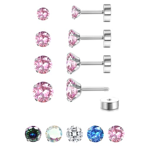JeweBella 4 Paar G23 Titan Ohrringe Damen Herren Kinder Medizinische Ohrstecker Hypoallergen Cubic Zirkonia Titan Ohrstecker Set Gesundheitsstecker Ohrringe Set Knorpel Piercing Ohr 2/3/4/5MM von JeweBella