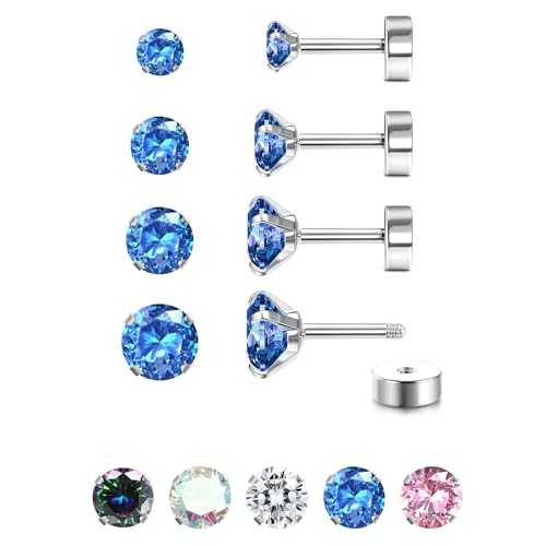 JeweBella 4 Paar G23 Titan Ohrringe Damen Herren Kinder Medizinische Ohrstecker Hypoallergen Cubic Zirkonia Titan Ohrstecker Set Gesundheitsstecker Ohrringe Set Knorpel Piercing Ohr 2/3/4/5MM von JeweBella