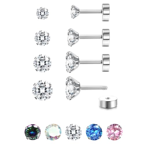 JeweBella 4 Paar G23 Titan Ohrringe Damen Herren Kinder Medizinische Ohrstecker Hypoallergen Cubic Zirkonia Titan Ohrstecker Set Gesundheitsstecker Ohrringe Set Knorpel Piercing Ohr 2/3/4/5MM von JeweBella