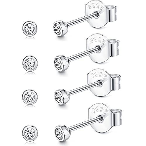 JeweBella 4 Paar Ohrstecker Silber 925 Damen Klein Runde Zirkonia Ohrringe Set Hypoallergene Knorpel Tragus Ohrstecker Set für Mädchen Herren Silber/Gold/Roségold 2/3MM Schmuck von JeweBella