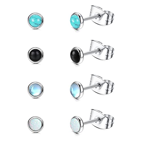 JeweBella 4 Paare Mondstein Opal Türkis Kleine Ohrstecker Set Chirurgenstahl für Damen Mädchen Kinder Hypoallergene Runde Edelstein Ohrstecker Blau Schwarz Mondstein Opal Türkis Ohrringe Set 4MM/6MM von JeweBella