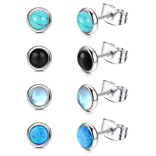 JeweBella 4 Paare Mondstein Opal Türkis Kleine Ohrstecker Set Chirurgenstahl für Damen Mädchen Kinder Hypoallergene Runde Edelstein Ohrstecker Blau Schwarz Mondstein Opal Türkis Ohrringe Set 4MM/6MM von JeweBella