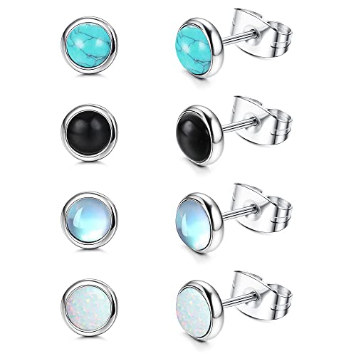 JeweBella 4 Paare Mondstein Opal Türkis Kleine Ohrstecker Set Chirurgenstahl für Damen Mädchen Kinder Hypoallergene Runde Edelstein Ohrstecker Blau Schwarz Mondstein Opal Türkis Ohrringe Set 4MM/6MM von JeweBella