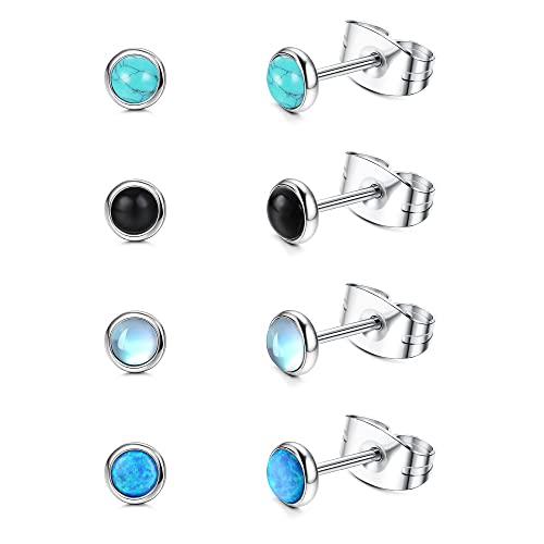 JeweBella 4 Paare Mondstein Opal Türkis Kleine Ohrstecker Set Chirurgenstahl für Damen Mädchen Kinder Hypoallergene Runde Edelstein Ohrstecker Blau Schwarz Mondstein Opal Türkis Ohrringe Set 4MM/6MM von JeweBella