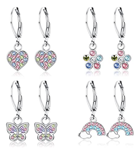 JeweBella 4 Pairs Ohrringe Hängend Mädchen Kinder Damen mit Zirkonia Ohrhänger Chirurgenstahl Hypoallergene Ohrringe Mädchen mit Herz Blume Stern Schildkröte Knorpel Tragus Piercing Ohrringe Set von JeweBella