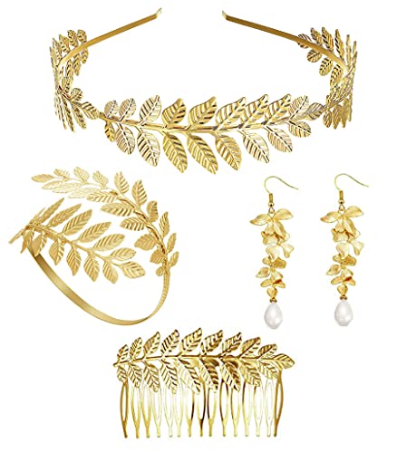 JeweBella 4 Stück Griechische Göttin Kostüm Schmuck Set Damen Gold Römischer Lorbeerblatt Krone Stirnbänder Armband Armreif Oberarm Perle Baumeln Ohrringe Hochzeit Braut Kopfschmuck Toga Party von JeweBella
