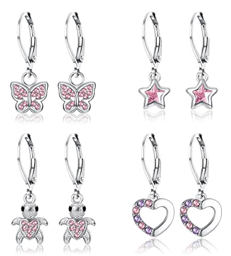 JeweBella 4Paar Ohrringe Hängend Mädchen Kinder Damen mit Zirkonia Ohrhänger Chirurgenstahl Hypoallergene mit Herz Blume Stern Schildkröte Knorpel Tragus Piercing Set von JeweBella
