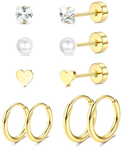 JeweBella 5 Paar G23 Titan Ohrringe Damen Herren Kinder Medizinische Ohrstecker Hypoallergen Titan Ohrstecker Set Titan Creolen Gesundheitsstecker Ohrringe Set Knorpel Piercing Ohr Silber/Gold von JeweBella