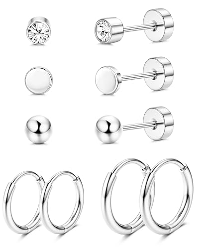 JeweBella 5 Paar G23 Titan Ohrringe Damen Herren Kinder Medizinische Ohrstecker Hypoallergen Titan Ohrstecker Set Titan Creolen Gesundheitsstecker Ohrringe Set Knorpel Piercing Ohr Silber/Gold von JeweBella
