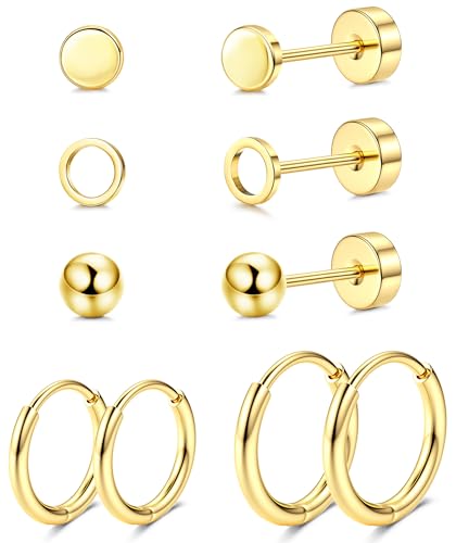 JeweBella Titan Ohrringe Damen Herren Kinder - Hypoallergen, G23 Titan, 6 Paar Set - Ohrstecker, Creolen, Gesundheitsstecker, Knorpel Piercing, Gold/Silber, 8 mm, Flachrückseite von JeweBella
