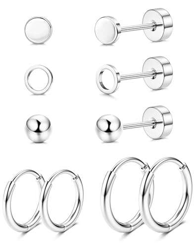 JeweBella 5 Paar G23 Titan Ohrringe Damen Herren Kinder Medizinische Ohrstecker Hypoallergen Titan Ohrstecker Set Titan Creolen Gesundheitsstecker Ohrringe Set Knorpel Piercing Ohr Silber/Gold von JeweBella