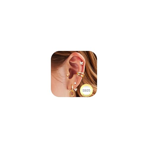 JeweBella 5 Paar Ohrringe Silber 925 für Damen: Hänger, Creolen, Zirkon, Poliert, 14 Karat Vergoldet, Hypoallergen, Set für Mehrere Piercings von JeweBella
