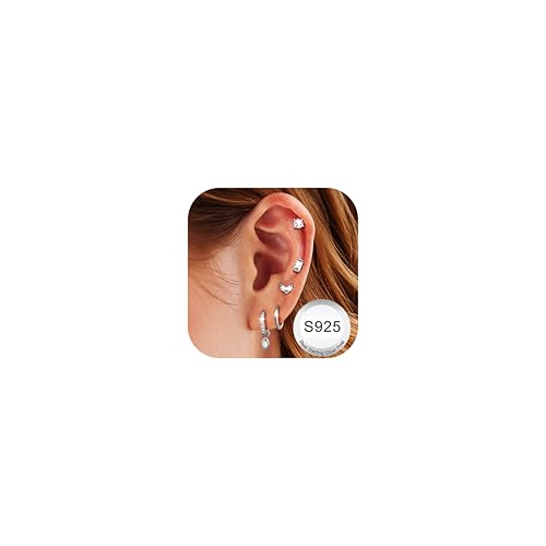 JeweBella 5 Paar Ohrringe Silber 925: Creolen, Hängend, Helix Piercing - 14 Karat Vergoldet, Zirkonia, Hypoallergen, für mehrere Piercings von JeweBella
