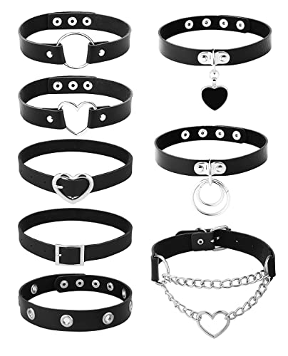 JeweBella 8 Stück Gothic Choker Halsband für Damen Frauen Schwarz Punk Choker Herz Gothic Choker Nieten Leder Choker Spikes Rock Choker Kragen Choker Halskette Set für Halloween Cosplay von JeweBella