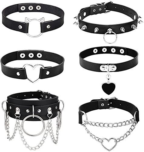 JeweBella 6 Stück Gothic Choker Halsband für Damen Frauen Schwarz Punk Choker Herz Gothic Choker Nieten Leder Choker Spikes Rock Choker Kragen Choker Halskette Set für Halloween Cosplay von JeweBella