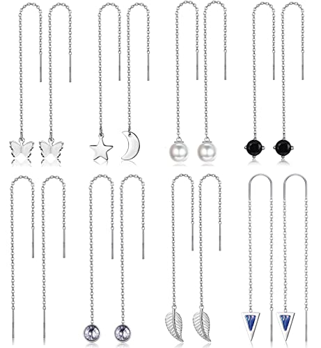JeweBella 6/8 Paar Einfädler Ohrringe Set für Damen Mädchen - Quaste, Mond, Stern, Lange Kette, Edelstahl Double Twist Drop, CZ Perle Ketten - Leichtgewicht Hängend Schmuck von JeweBella